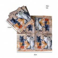 20pcs Soft Cute Cat Print Colored Napkins, Suitable For Wedding Party