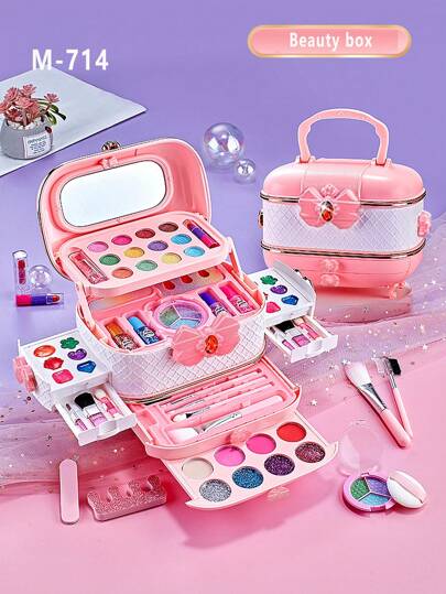 1 pieza Juego de maquillaje de juguete para niños, paleta de maquillaje para niñas, bolso de princesa, juego de tocador de cosméticos, lápiz labial, sombra de ojos, regalo de cumpleaños para niños