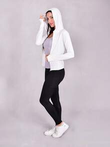 Sudadera deportiva para mujer de protección solar, para correr y running, ligera con capucha ajustable y tela transpirable de secado rápido, senderismo y gym - Blanco - Ver 4