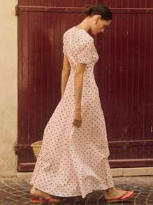 Vestido Longo Maxi Feminino de Verão com Estampa Floral e Poá, Decote em V, Ajustado, Tecido Tecido 120G, Estilo Romântico, Qualidade Premium, Vibes de Deusa