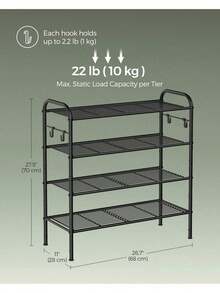 Shoe Rack, 4-Tier Shoe Organizer, Metal Shoe Shelf Storage With 4 Side Hooks, Holds 16 Pairs Of Shoes, Height-Adjustable Shoe Rack For Entryway, Hallway, Closet, Easy Assembly - Black - View 5