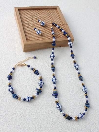 3pcs Vintage Ceramic Jewelry Set, Handmade Blue & White Porcelain With Natural Stone Necklace, Beaded Bracelet & Earrings, Suitable For Women's Daily And Festival Outfits, Spring/Summer