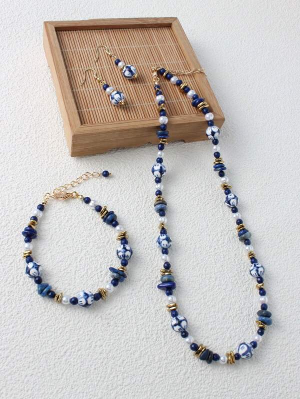 3pcs Vintage Ceramic Jewelry Set, Handmade Blue & White Porcelain With Natural Stone Necklace, Beaded Bracelet & Earrings, Suitable For Women's Daily And Festival Outfits, Spring/Summer