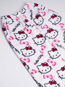 Sanrio 1 pieza Pantalones de pijama suaves de franela con estampado de Hello Kitty con licencia para mujeres, forrados térmicos, ropa de estar en casa cálida y casual, adecuado para primavera/otoño, estampado de dibujos animados, regalo de moda para amigos, novia, Acción de Gracias, Navidad, Halloween
