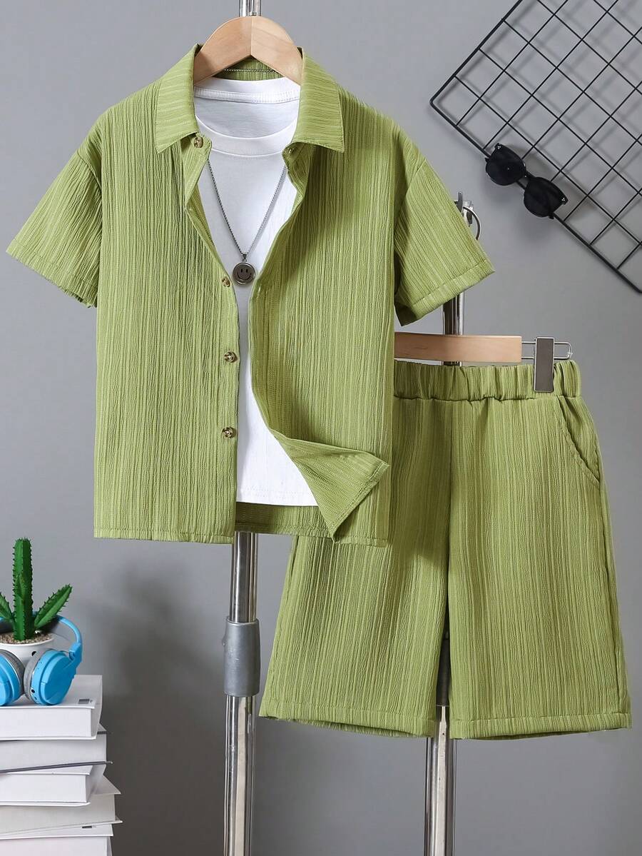 Bộ áo sơ mi tay ngắn cổ tròn thoáng khí màu trơn họa tiết gợn sóng cho bé trai, mùa xuân/hè - xanh quân đội - Xem 1