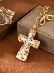 1 Piece Chunky Chain Cross Necklace For Women,Fashion Chunky Bracelet,Copper Alloy Electroplating 14K Gold,Gift For Summer Vacation,Hip Hop Party,Festival