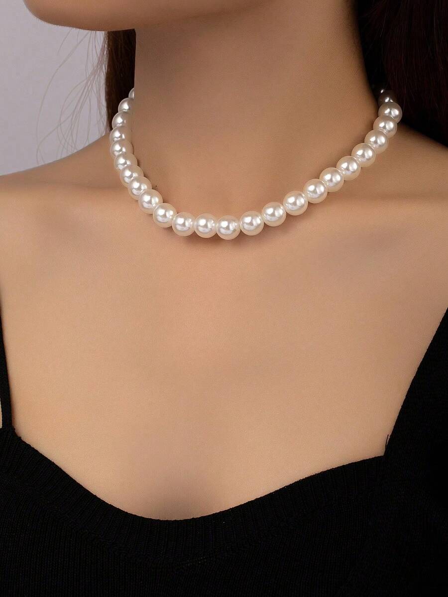 1pc Simple Classic Basic Faux Pearl Necklace, Wedding Gift - White - View 1