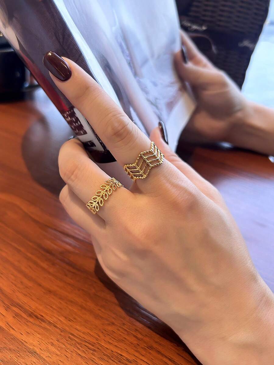 2 Pcs Niche Elegant High-End Creative Design Stainless Steel Open Ring Set - Gold 2 - View 1