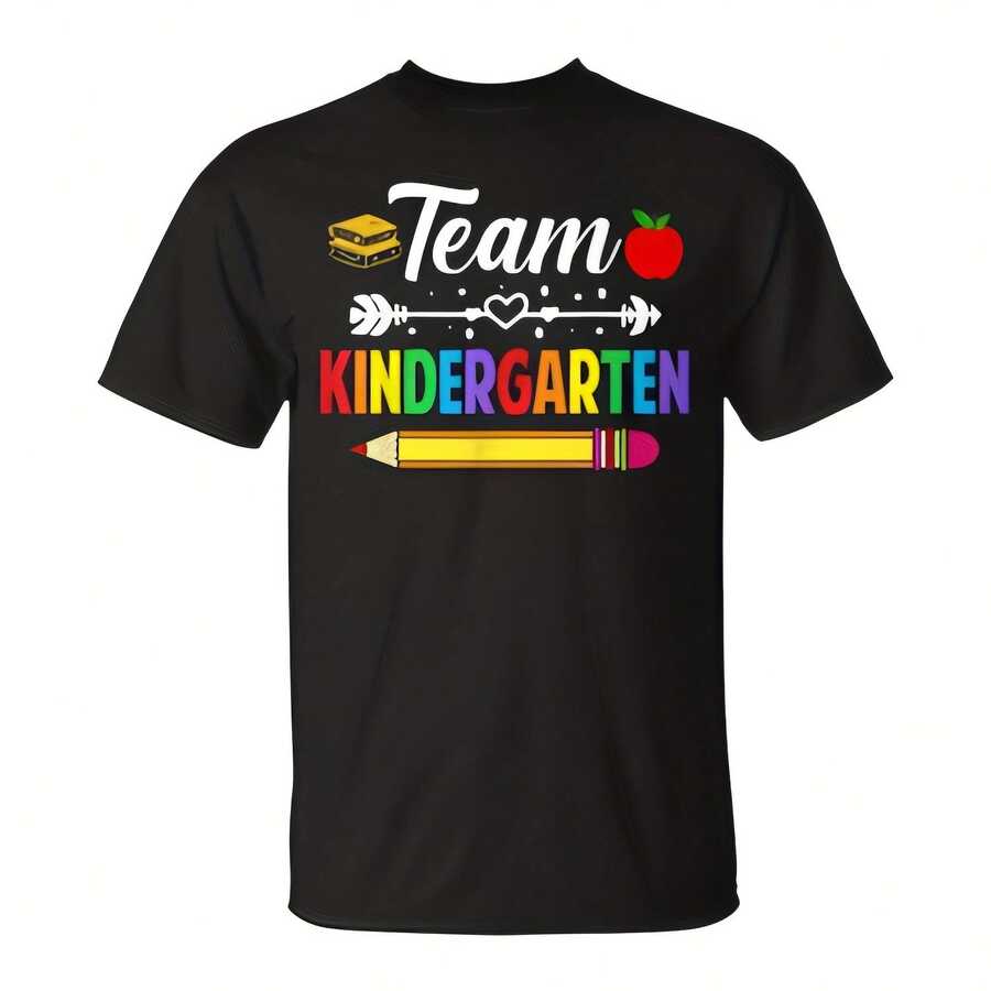 Team Kindergarten Tea Kindergarten Team Tea School T-Shirt Aesthetic Y2K Style Summer Top, Loose Fitting T-Shirt For Outdoor, Home, Work Or Street Leisure, Soft And Durable Pure Cotton Fabric, Retro And Soft Design, I Gift For , Fashionable And Comfortable Shirt For Travel, Festivals Or Weekends - Black - View 1