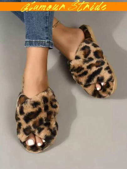 Leopard Graphic Fluffy Bedroom Slippers,Women's Winter Warm And Fashionable Random Leopard Pattern Home Slippers Cross-Band Artificial Fur Material TPR Sole Brown Slippers,Women's Cross Strap Anti-Slip Wear-Resistant Open Toe Low Heel Furry Cross Slide Slippers, Comfortable House Wear With Synthetic Fur