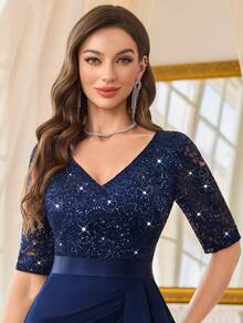 MIUSOL V-Neck Sequin Floral Lace Ruffle Trim Split Thigh Cocktail Party Bodycon Dress, Business Dress, For Valentine's Day - Navy Blue - View 7