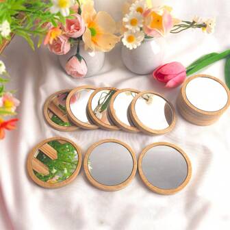 10pcs Elegant Makeup Mirrors Round Compact Mirror Portable Pocket Mirror Wooden Vanity Cosmetic Mirror Circles Travel Mirror - Portable, Battery Free, Painted, Suitable For Makeup And Decoration At Any Time, Makeup Essential | Elegant Mirrors | Wooden Fram