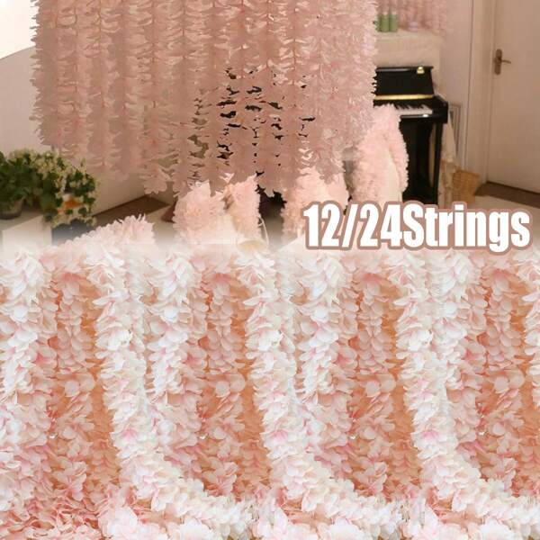 12/24 Strings Wisteria Flower Garlands 39.37 Inch Per Piece Light Pink Faux Vine Flower Backdrop Hanging Silk Flowers Garlands Vine For Home Wedding Party Garden Outdoor Greenery Wall Arch Decoration