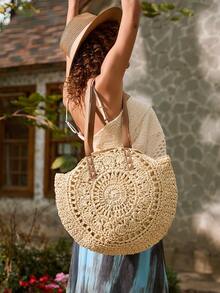 Tropiscape 女士大容量圆形编织包，时尚镂空设计，多功能手提包，沙滩必备，夏季度假必备女包，沙滩钱包，完美适用于夏季、度假和日常使用，旅行必备，营造度假氛围，放松身心，海滩，秋季，圣诞节，冬季，圣诞礼物