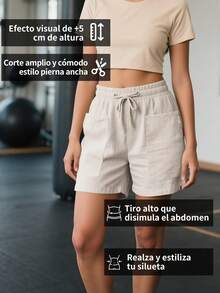 Shorts casuales de verano para mujeres, con bolsillos y cordón, Bermuda shorts de lino y shorts básicos de lino de unicolor sueltos de longitud hasta la rodilla,Ropa de ocio de moda - Caqui - Ver 4