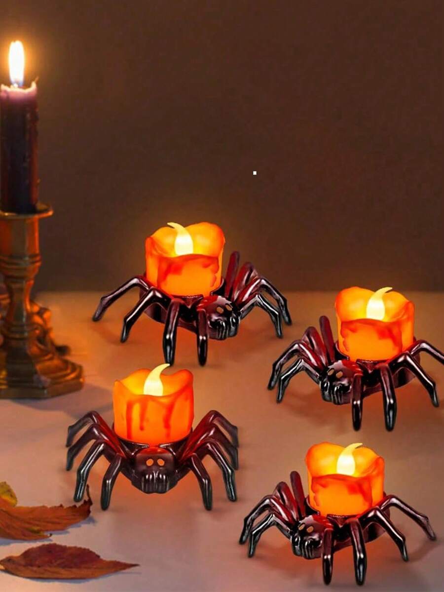 4/2/1Pack Halloween Spider Tea Lights, Novelty LED Flameless Spider Candle Holder Lamp Battery Operated Orange Tea Light For Halloween Party Table Home Spooky Decoration, Thanksgiving Decoration, Halloween Decoration, Fall Decoration, Harvest Festival Decoration, Room Decoration, Bedroom Decoration,Halloween Decor