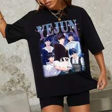Retro Yejun Plave T-, Plave 2nd Mini Album Asterum 134-1 , Wave 4 Luv , Plave Kpop Noah, Bamby, Yejun, Eunho, Hamin_T-Shirt For Women, 220g Cotton Casual Graphic Tee Lightweight Yet Durable Crew Neck Shirt For Beach Trips, Airplane Travel, Weekend Getaways, Or Road Adventures, Stylish And Comfortable Summer Outfit With Loose Fit For Maximum Comfort, Aesthetic Worthy Graphic Tee For Photos And Reels - Black - View 1