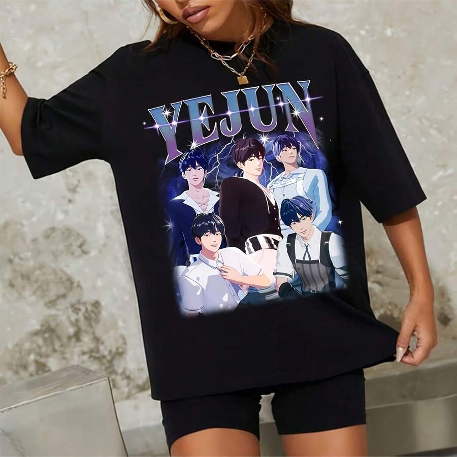 Retro Yejun Plave T-, Plave 2nd Mini Album Asterum 134-1 , Wave 4 Luv , Plave Kpop Noah, Bamby, Yejun, Eunho, Hamin_T-Shirt For Women, 220g Cotton Casual Graphic Tee Lightweight Yet Durable Crew Neck Shirt For Beach Trips, Airplane Travel, Weekend Getaways, Or Road Adventures, Stylish And Comfortable Summer Outfit With Loose Fit For Maximum Comfort, Aesthetic Worthy Graphic Tee For Photos And Reels - Black - View 1