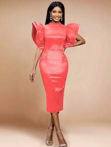 Shiny High Neck Ruffled Tiered Sleeves Midi Dresses For Women Elegant High Waist Formal Party Cocktail Dress,For Birthday, Wedding Guest, Graduation, Dinner, Homecoming