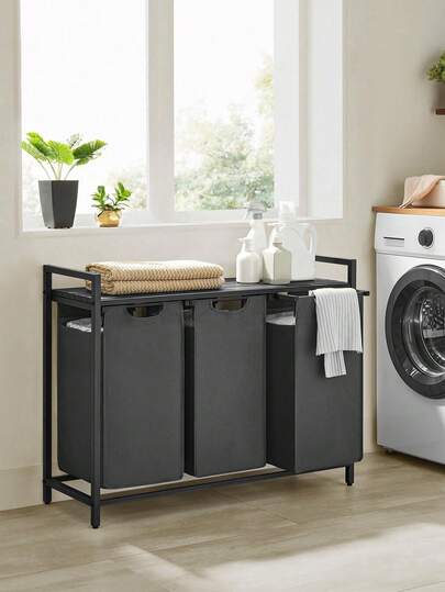 Laundry Basket, 3-Compartment Laundry Hamper, Pull-Out And Removable Laundry Bags, Laundry Sorter, Shelf, Metal Frame, 3 X 38L, 92.5 X 33 X 72 Cm, Black And Grey Home Bathroom Decor Bathroom Organizer Laundry Baskets Back To School Travel Essentials Room Decor, Home Decor, Bedroom Decor Storage Organization And Storage