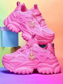 Women's 7cm Thick Sole Casual Sports Shoes With Sunflower Metal Decoration, Outdoor High Heel Platform Sneakers, Lightweight Shock-Absorbing Breathable Mesh Summer Sandals, Pink Round Toe Lace-Up For Daily, Workout, Office