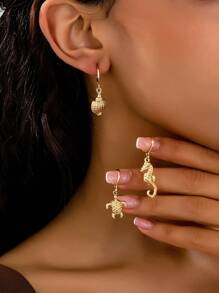 6pcs/Set Ocean Theme Earrings Set Featuring Turtle, Shell, Seahorse, Starfish, Beach & Seashell Charm Designs, Suitable For Summer