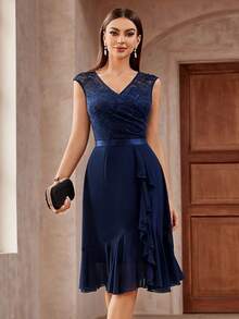 MIUSOL Floral Lace Ruffle Trim Wrap Hem Chiffon Party Swing Dress