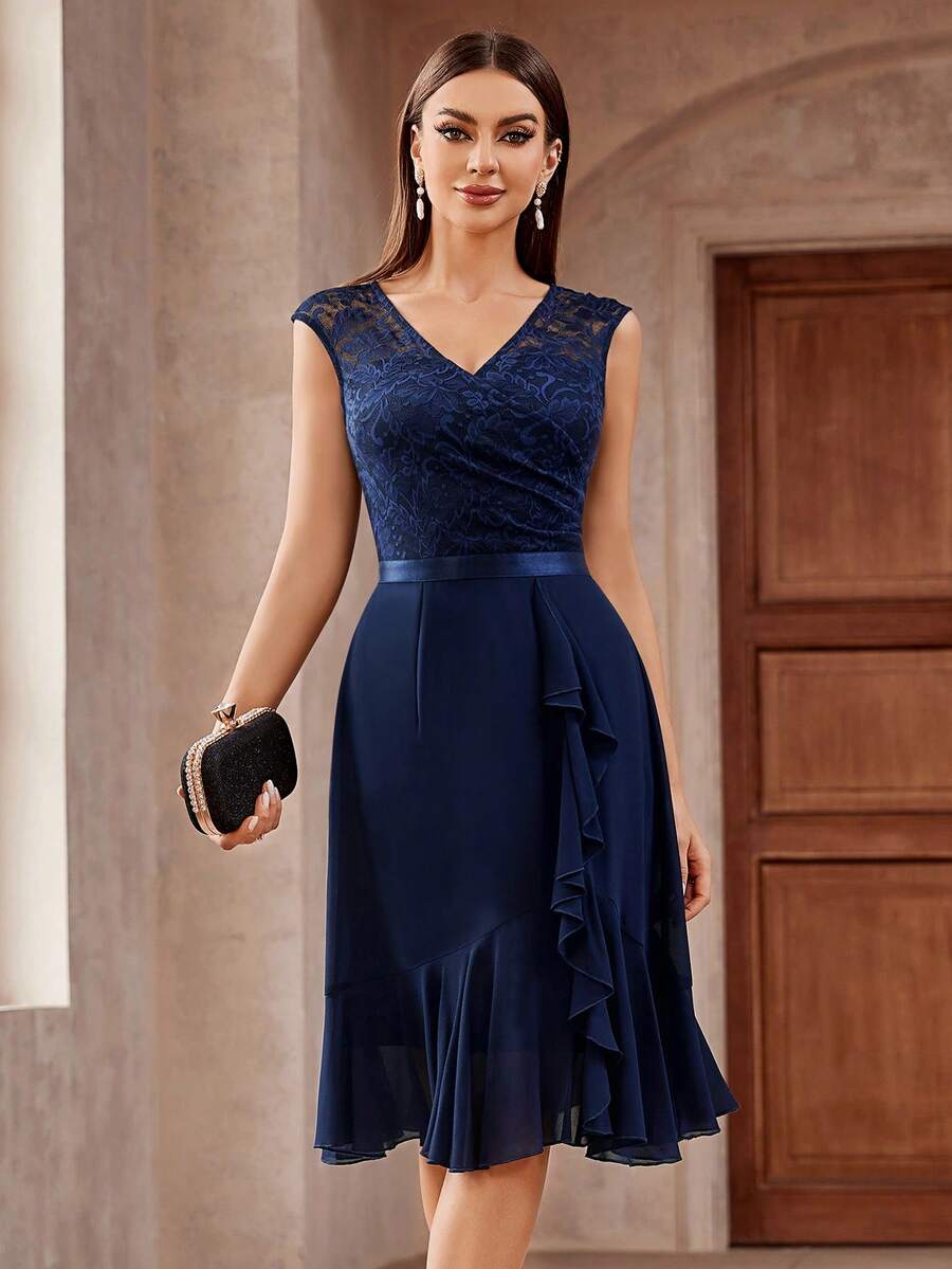 MIUSOL Floral Lace Ruffle Trim Wrap Hem Chiffon Party Swing Dress