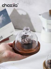 choxila 1pc Wooden Dessert Plate With Glass Cover, Suitable For Cake Stand, Mini Tray, Jewelry Tray, Pastry Plate, Ideal For Afternoon Tea, Bedroom, Living Room, Hotel, Camping, And Holiday Gifts