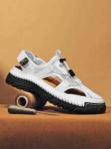 Sandalias de hombre con costura a mano - Calzado casual de punta cerrada con malla transpirable, zapatos de senderismo de verano antideslizantes con suelas de goma, malla transpirable y cordón ajustable. Negro, caqui o blanco - Perfectos para aventuras casuales al aire libre, zapatos de verano transpirables | Estilo casual tipo pescador | Suelas de goma