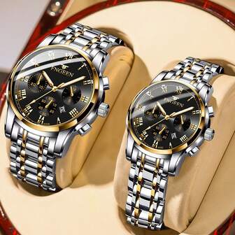 FNGEEN 2pcs/Set Couple Watch With Gold Stainless Steel Strap Roman Scale Blue Dial Calendar Display 50m Waterproof Quartz Watch For Men And Women Precise Timekeeping Japan Imported Quartz Automatic Movement - High-Quality Built-In Long-Life Japan Battery With Small Dial Decoration Valentine's Day Gift Wedding Souvenir