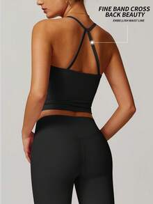 Yefecy 女士聚拢运动文胸上衣，性感美背设计，透气舒适，适合运动女性，夏季穿着，黑色 - 黑色 - 查看 5