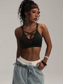 Women's Black Wireless Criss-Cross Knit Sports Bra - Black - View 6