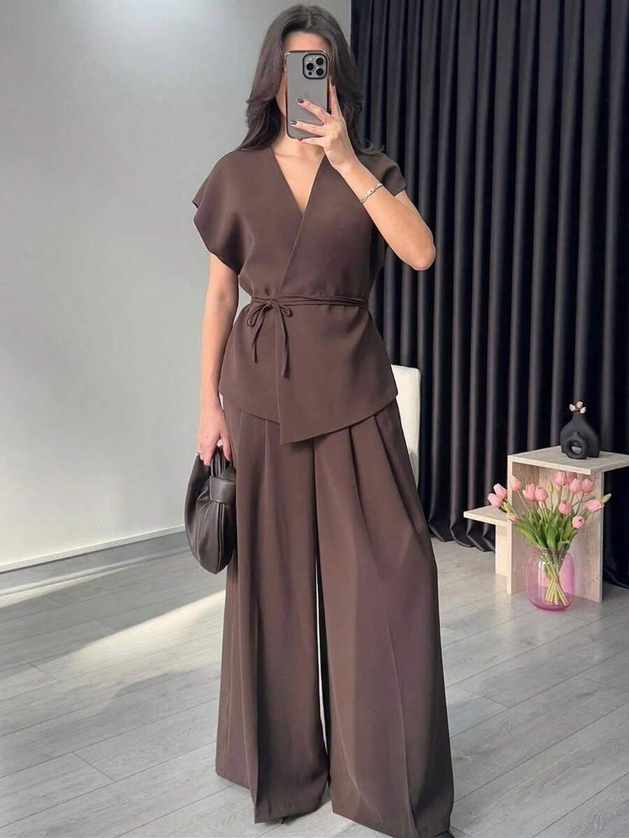 1 Set Solid Color Casual Elegant Cross Pocket Women Pants Suits, Office/Formal/Dinner Wear, Spring/Summer - Mocha Brown - View 1
