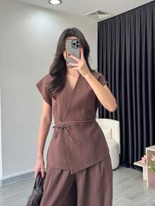 1 Set Solid Color Casual Elegant Cross Pocket Women Pants Suits, Office/Formal/Dinner Wear, Spring/Summer - Mocha Brown - View 4