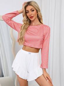 2Pcs Women Fashion Casual Cropped Top Colorblock Plaid Print & Ruffled Hem Shorts Set, Loungewear & Streetwear