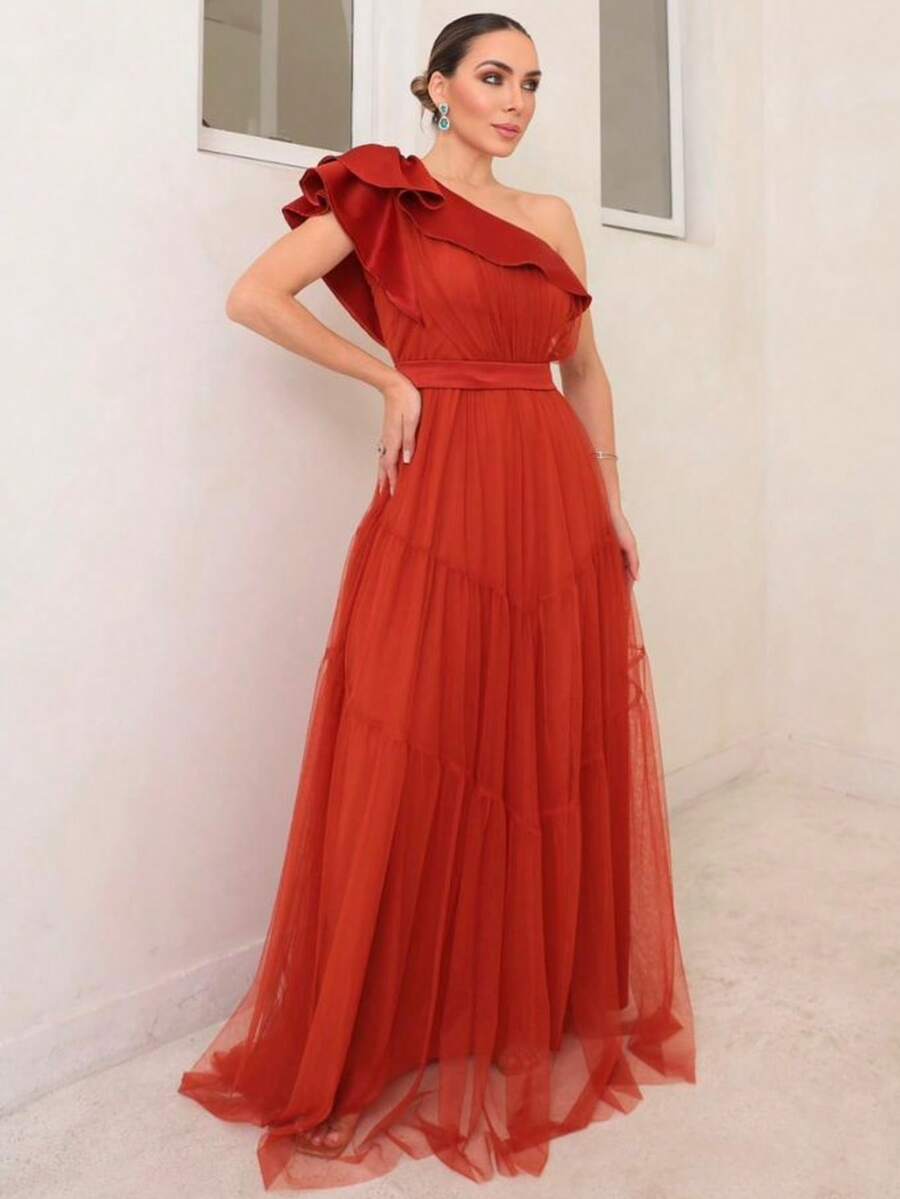 Bridesmaid Dress With Cascade Tank Top On The Skirt, Olive Terracotta, Royal Fuchsia, Lilac, Emerald Green, Roe Or Serenity, Black, Very Shiny - 亮橙色 - 查看 1