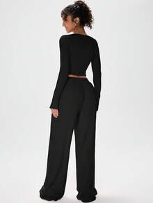 PinkTip Stylish Knit Two - Piece Set: Cropped Top & Wide - Leg Pants - Black - View 2