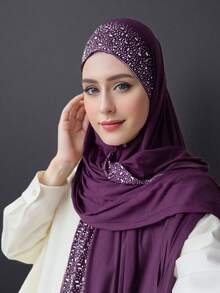 1pc Women's Popular Crystal Solid Color Knitted Headscarf Shawl, Soft Hijab Scarf, Casual Long Scarf - A - View 7