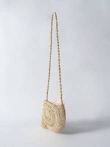 Tropiscape Túi Gusure thủ công dệt từ rơm tròn, túi đeo chéo phong cách Boho trang trí tua rua, túi đi biển khoét rỗng thời trang cho du lịch nghỉ lễ, túi mây đi biển mùa thu đông quà tặng phong cách Cottagecore, trang phục mùa hè. - Màu be - Xem 6