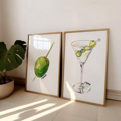 1 幅马提尼和橄榄墙面艺术画，美学印刷帆布画，Y2K 少女海报，极简主义装饰，适用于酒吧推车厨房、客厅或大学宿舍墙壁装饰（可选画框）