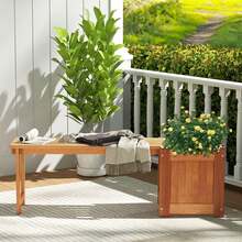 GOFLAME Wood Planter Box With Bench, Raised Garden Bed With Seat, Teak Oil Finish & Open-Ended Base, Outdoor Flower Box Kit For Garden, Yard, Balcony, DIY Assembly - Khaki - View 5