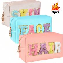 3PCS Set Waterproof Cute Women Teen Girls Preppy FACE HAIR SKIN Chenille Letter Patches Makeup Bag Travel Cosmetic Pouch Skincare Face Cosmetic Bag Toiletry Bag Hair Products Stuff Pouch Makeup Travel Toiletry Organizer Essentials Gifts Storage Zipper Accessories Nail Bags, Makeup Bag, Vanity, Make Up Bag, Storage, Makeup Bags, Toiletry Bag , Ladies' Travel Grooming Bag, Chenille Letter Cosmetic Bag, PU Leather Waterproof Bag, Cute Zipper Storage Bag, Suitable For Skin, Hair And Facial Care Bags, Travel Storage Overnight Bag, Large Capacity Convenient Business Travel Bag Bathroom Bathing Beauty And Health Convenient Small Fragrance Makeup Bag. Unique Travel Makeup Bag, Cosmetics Storage Bag, Compartment With Removable Makeup Brush, Internal Double-Sided Transparent Storage Compartment, Portable Toilet Bag, Large Capacity Storage, Multi-Functional Beauty Storage Bag, Bathroom Toilet Bag, - 彩色 - 查看 17