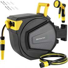 20/30m Hose Reel With Garden Hose, Wall-Mounted Hose Reel, 180° Swivel & Automatic Rewind, Wall-Mounted Hose Box Including 9-Function Hand Shower, For Watering, Car Washing - Xám đậm + vàng - Xem 1