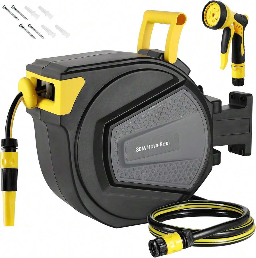 20/30m Hose Reel With Garden Hose, Wall-Mounted Hose Reel, 180° Swivel & Automatic Rewind, Wall-Mounted Hose Box Including 9-Function Hand Shower, For Watering, Car Washing - Xám đậm + vàng - Xem 1