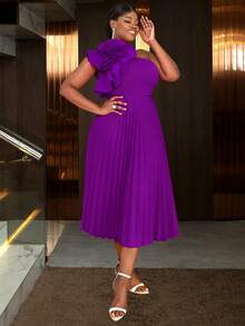 Plus Size Women's One Shoulder Ruched 3D Rose Graduation Ceremony Summer Dress, Christmas Party Outfit, Valentine's Day & Independence Day Attire