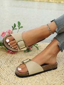 Sandalias deslizantes de corcho Wow Go Germany, unisex con puntera abierta, de tres tiras ajustables y planas - Beis - Ver 6