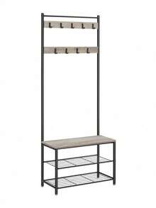 Coat Rack, Coat Stand With Shoe Storage Bench, Hall Tiree With Shoe Rack, 3-In-1 Design, Steel Frame, For Hallway, Entrance, 32 X 70 X 177 Cm, Modern, Grege And Black - Grey - View 8