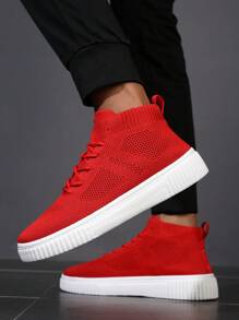 Men's High-Top Casual Sneakers, Breathable Knit Upper, Streetwear Style, Suitable For All Seasons