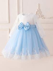 Abito elegante da damigella d'onore per ragazze, in tulle con maniche lunghe in pizzo e fiocco, adatto per la scuola, recital di pianoforte, occasioni formali, non include fascia per capelli - celeste - Visualizzare 2